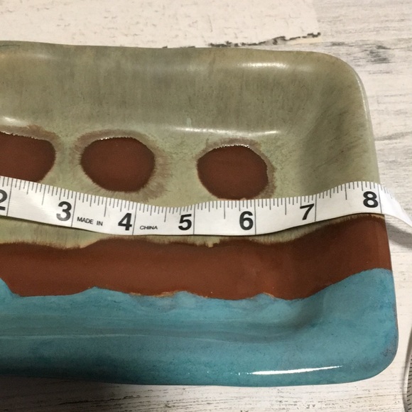 Blue/brown/tan stripes with brown dots handcrafted signed deep pottery tray - Picture 3 of 4